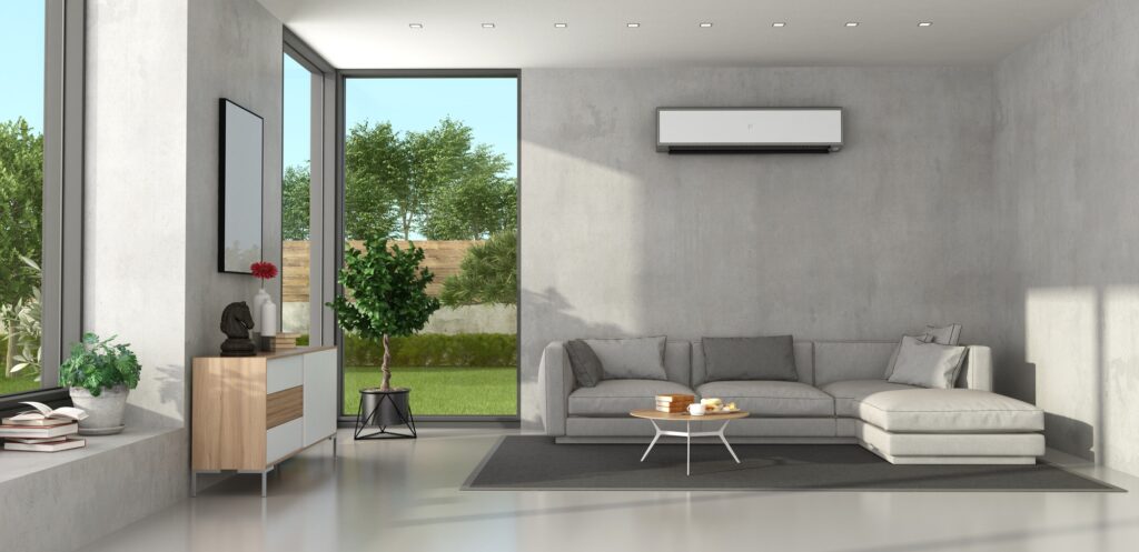 Miniimalist living room with modern furniture and air conditioner